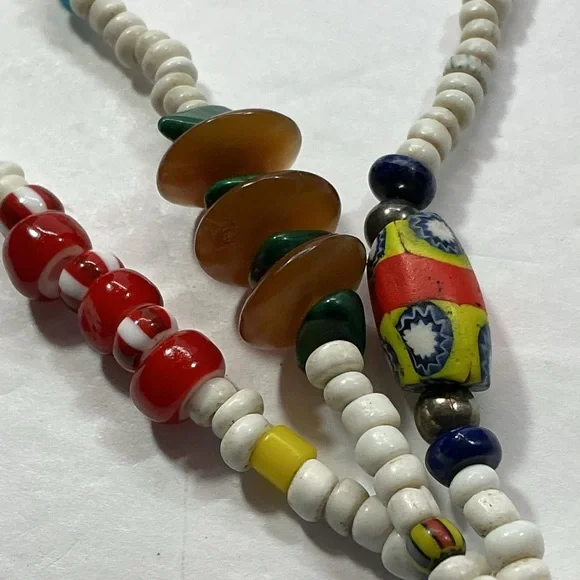 Vintage Ethnic Necklace Multi Strand Glass Gemstone Millefiori Trade Beads Boho